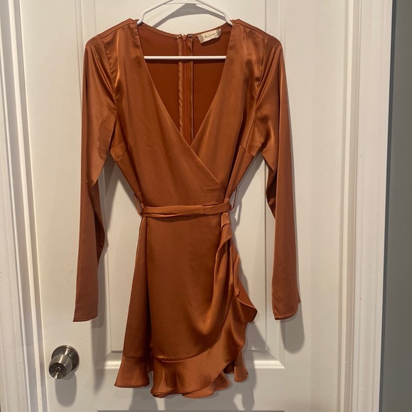 Small Altar’d State Satin Rust Long Sleeve Dress - Picture 1 of 5